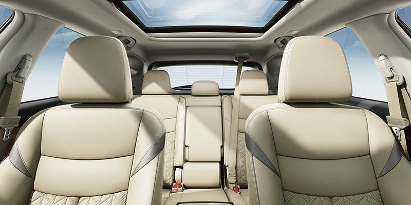 Beige car interior with panoramic sunroof and light-colored leather seating for two rows