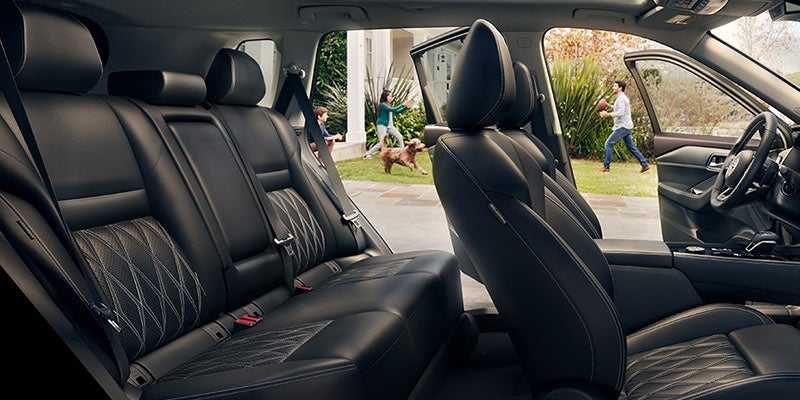 View from inside a car: black leather interior, open doors revealing a family and dog playing on a lawn.