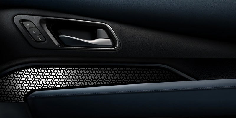 Car door with a silver handle, memory seat buttons, and a speaker grille with a hexagonal pattern