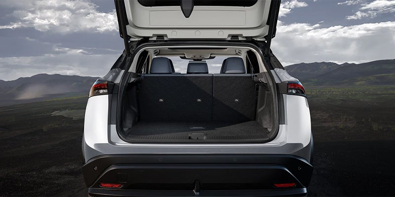 Rear view of an SUV with the trunk open, revealing dark gray interior and seats
