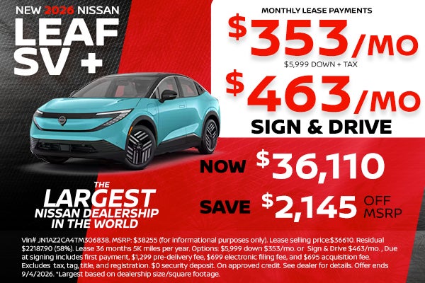 New 2026 Nissan Leaf lease as low as $353 per month
